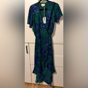 NWT If By Sea Floral Wrap Maxi Dress Green Ruffle Flutter Sleeve Cottage core L